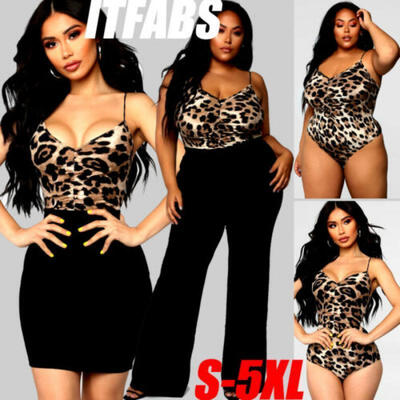 

Women V Neck Leopard Print Jumpsuit Ladies Sexy Club Party Bodysuit Slim Tops UK