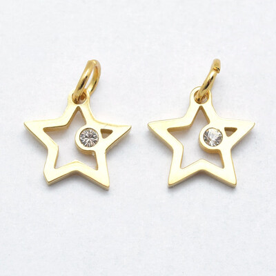 

316 Stainless Steel Pendants with Cubic Zirconia Long-Lasting Plated Star Clear Real Gold Plated 14x14x2mm Hole 3mm