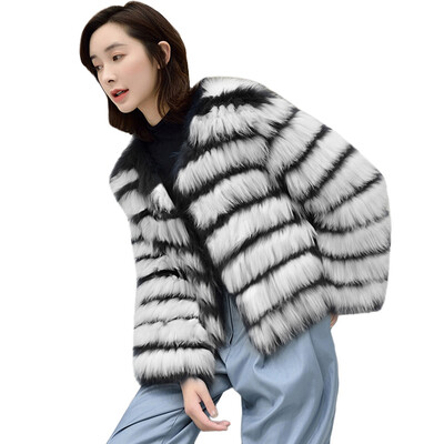 

Toponeto Women Black And White Stripe Collar Faux Fur Coat Warm Winter Overcoat Outercoat