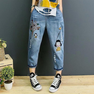 

2019 Junior Girl Vintage Blue Loose Jeans Women Tree&Girl Embroidery Capri Pants