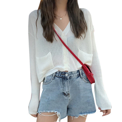 

Fashion Casual Solid Long Sleeve V-Neck Thin Blouse Sun Protection Button Up Knitted Cardigan