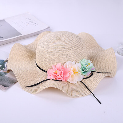 

Korean version ribbon flower straw hat female spring&summer wave-edged sunshade hat beach holiday sun hat