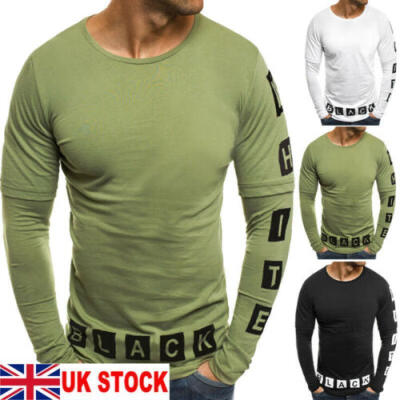 

UK Stock Mens Long Sleeved T-Shirt Casual O-Neck Bodybuilding Muscle Tee Tops