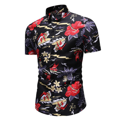 

Tailored Mens Comfy Printed Turn-Down Collar Slim Fit Short Sleeve Top Shirt Blouse