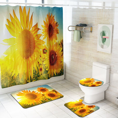 

Gobestart Sunflower Shower Curtain Floor Mat Four-piece Bathroom Mat Set