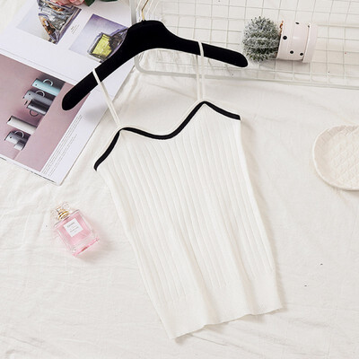 

Women Versatile Sweet Knit Off Shoulder Slim Solid Color Sexy Strap V Collar Camisole