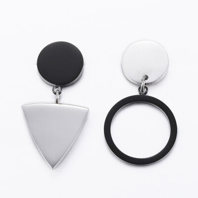 

304 Stainless Steel Dangle Stud Earrings Triangle & Ring & Flat Round Gunmetal & Stainless Steel Color 32mm Pin 08mm 2pcss