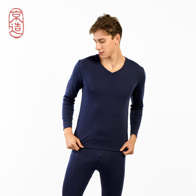 

JZAO mens thermal underwear wool thickening autumn clothes long pants warm set navy blue V-neck M code