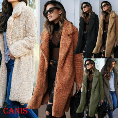 

Womens Fleece Fur Jacket Outerwear Tops Winter Warm Hooded Fluffy Coat Overcoat