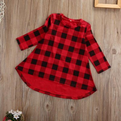 

US Stock Kid Baby Girls Red Checked Long Sleeve Party Pageant Tutu Dress Clothes