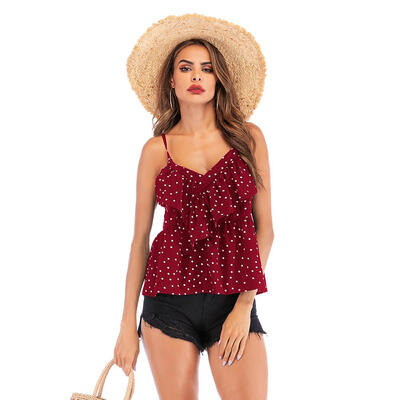 

Summer Polka Dot Chiffon Tops V Neck Women Ruffle Spaghetti Strap Blouse