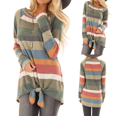 

Starmoon Plus Size Women Long Sleeve Stripe Print Pullover Tie Blouse Sweatshirt Tops