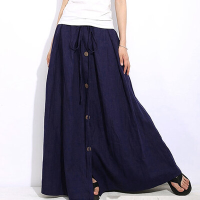 

Roseonmyhand Women A-Line Elastic Waist Casual Button Flare Full Length Long Maxi Skirt