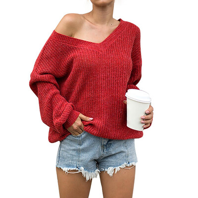

Women Autumn Sexy Fashion Concise All-match Solid Color V-collar Loose Long Sleeve Sweater