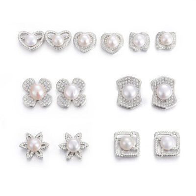 

304 Stainless Steel Stud Earrings with Cubic Zirconia&Shell Pearl Mixed Shapes Stainless Steel Color 11145x10515mm Pi