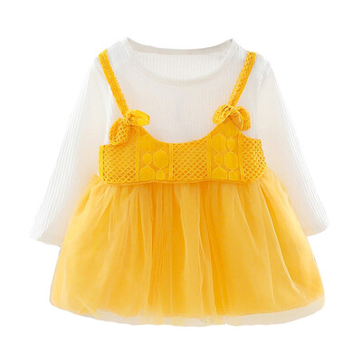 

Autumn Casual Baby Girls Mesh Long Sleeve Strap Bowknot Fake 2 Piece Dress Kids Sundress