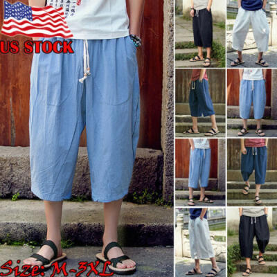 

Mens Casual Loose Drawstring Harem Drop Crotch Linen Trousers Short Beach Pants