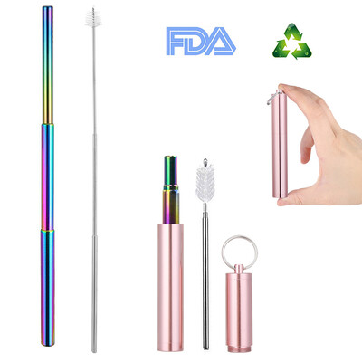 

Adjustable Reusable Stainless Steel Straws Three-Section Telescopic Straight Straw Set with Cleaning Brush for Water Coffee