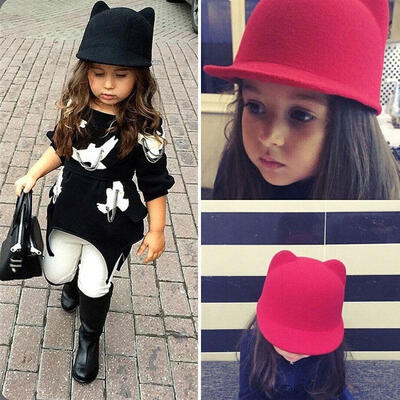 

Chic Children Fishion Girls Wool Horn Bowler Hats Nice Derby Cat Ear Cap