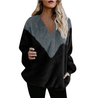 

Women Solid Color Loose Hooded Pocket Long-Sleeved Plush Sweater Coat Top Blouse