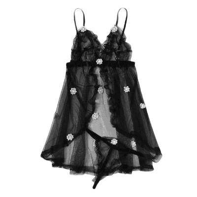 

Toponeto New Women Sexy Black Lingerie Flower Detail Mesh Slip Set Babydoll Nightwear