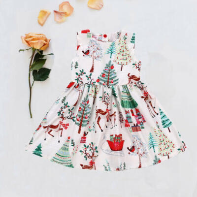 

AU Toddler Kids Baby Girl Christmas Cartoon Deer Sleeveless Party Dress Clothes