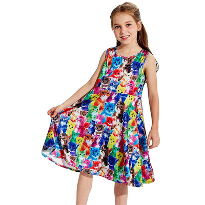 

Youth Teen Kids Girl Sleeveless Cartoon Cats Dress Party Sundress Clothes