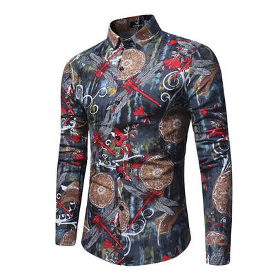 

Stylish Print Long Sleeve Shirt Fashion Casual Turn-Down Slim Fit Shirt For Men