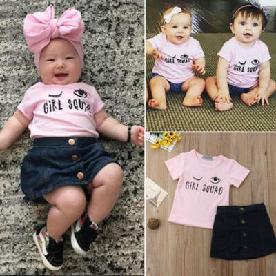 

US Newborn Toddler Kid Baby Girls Top T-shirt Denim Skirts Dress Outfits Clothes