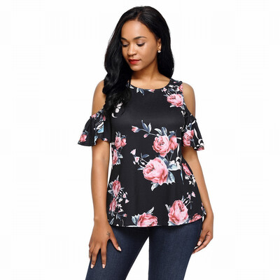 

V-neck short-sleeved floral print knit chic straight T-shirt top