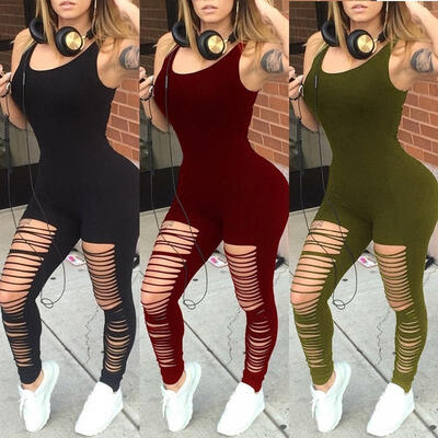 

Women Casual Sleeveless Bodycon Romper Jumpsuit Club Bodysuit Long Yoga Ripped Pants