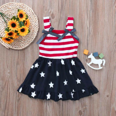 

4th of July Toddler Baby Girl Dress American Flag Stars Striped Summer Sundress