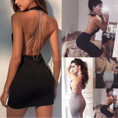 

Womens Sexy Backless Deep V Rhinestone Bodycon Sleeveless Party Club Mini Dress