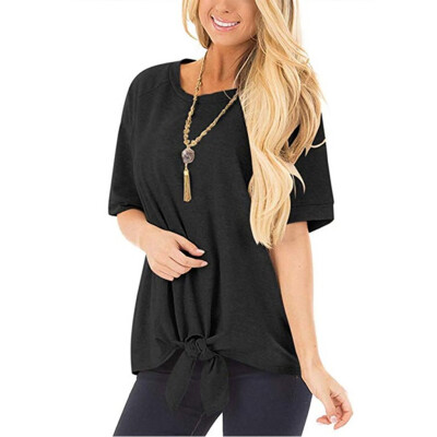 

Nomeni Women Fashion Casual O-Neck Solid Bow Short Sleeve T-Shirt Top Blouses