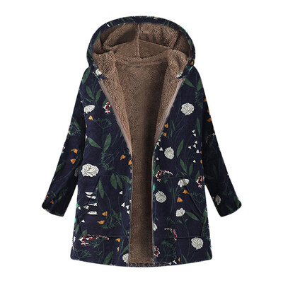 

Toponeto Womens Winter Warm Outwear Floral Print Hooded Pockets Vintage Oversize Coats
