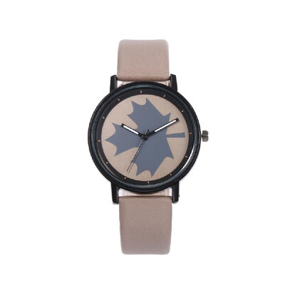 

Women Maple Pattern Wrist Watch Lady Fashion Alloy Case Leather Band Quartz Watch