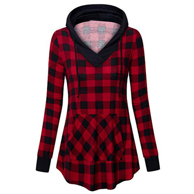 

Starmoon Women Hooded Pocket Plaid Hooded Sweater V-Neck Shirt And Top Blouse