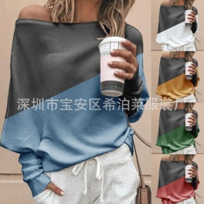 

2019 autumn new foreign trade hot wish Amazon loose large size womens stitching contrast color long-sleeved T-shirt women blue XX