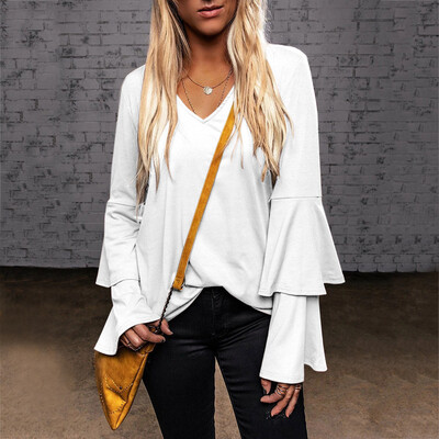

Tailored Womens V-Neck Petal Sleeve Long Sleeve Solid Casual Loose Tops Blouse