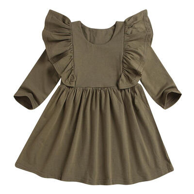 

Long Sleeve Ruffle Baby Pleated Dress Girls Solid Color Infant Clothing