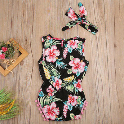 

Newborn Baby Girls Sunsuit Floral Romper Headband Jumpsuit Bodysuit Clothes Set