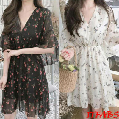 

Womens Holiday Mini Frill Ladies Summer Beach Print Floral Ruffle Sun Dress CA