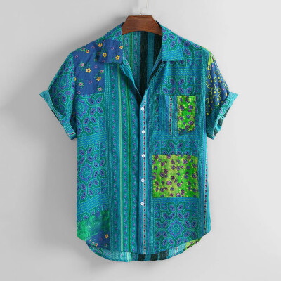 

Tailored Mens Vintage Ethnic Printed Turn Down Collar Short Sleeve Loose Casual Shirts