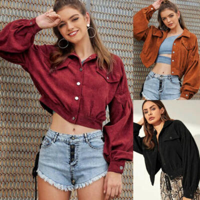 

Women Corduroy Short Jacket Button Pocket Crop Coat Long Puff Sleeve OutWear Top