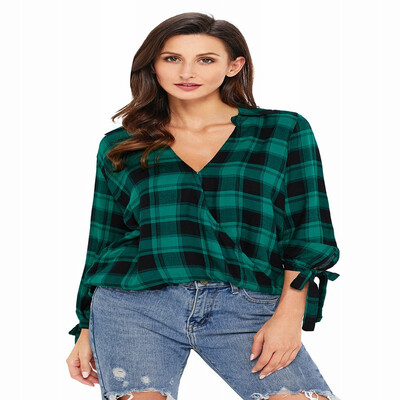 

Plaid V-neck long sleeve front short long long cloak shirt casual top