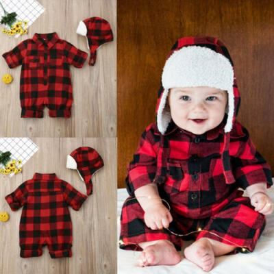 

US 2PCS Newborn Kids Baby Boy Girl Xmas Clothes Plaid Romper JumpsuitHat Outfit