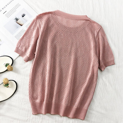 

Elegant Summer Autumn Woman T-Shirt Hollow Crochet Flower Thin Short-Sleeved Round Neck Pullover Knit Comfort T Shirt