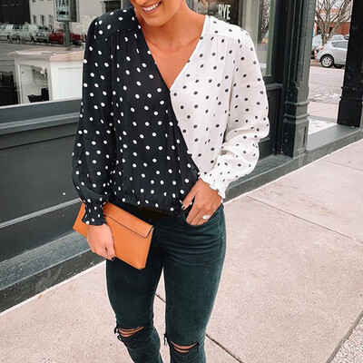 

Women Polka Dot Contrast Color Blouse Long Sleeve Top Casual Work V-neck T-Shirt