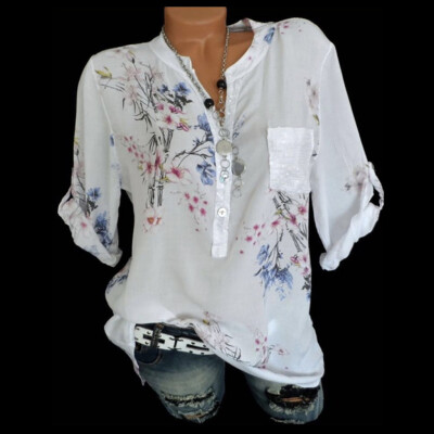 

Roseonmyhand Women Fashion Summer Casual Loose New Long Sleeve Printed Button Shirt