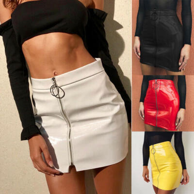 

Summer Women High Waist Circle Zipper Shiny PU Leather Mini Short Pencil Skirt